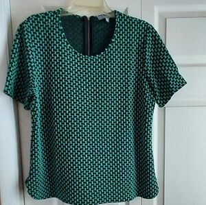 NY Collection Women Green Black Short Sleeve Top Waffle Basket Stretch Zip XL